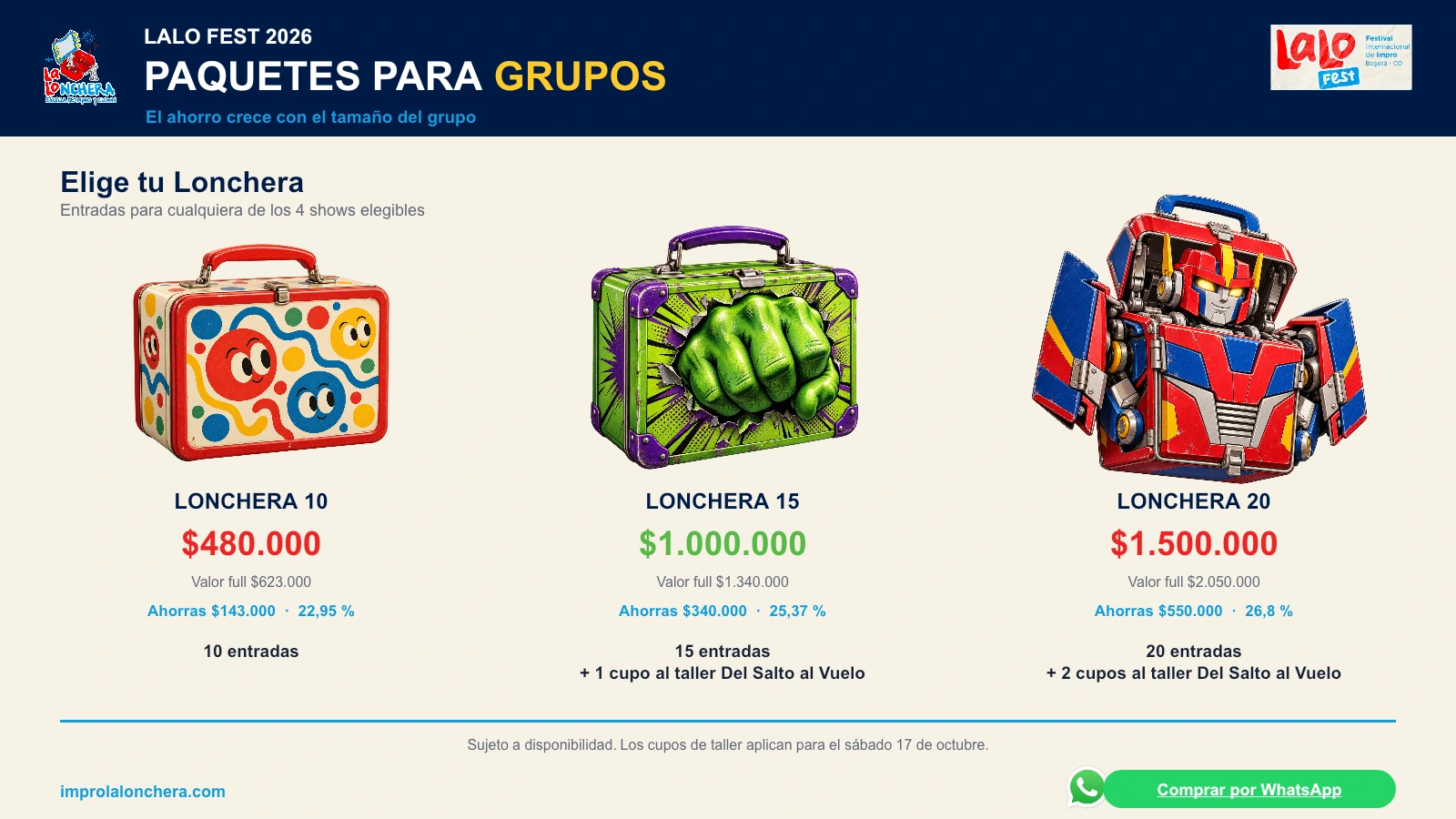 Pieza oficial de paquetes para grupos de Lalo Fest 2026. Lonchera 10, Lonchera 15 y Lonchera 20. Precios y beneficios detallados a continuación.